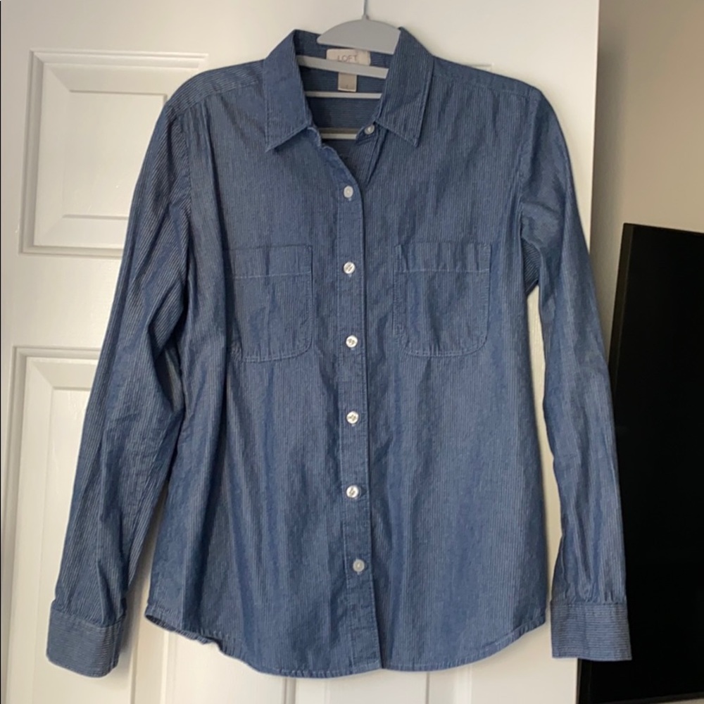 LOFT Striped Blue Button Down Collar Shirt, Small